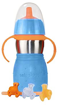 Kid Basix Safe Sippy 2 | Edelstahlbecher für Babys/Kleinkinder | wandelbarer Schnabel- oder Strohhalm | spülmaschinenfest | 313 ml | BPA-frei | Blau