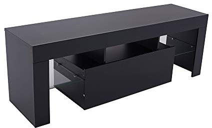 TV Stand Storage 16 Colors RGB LED Lighted TV Cabinet Glass Sheleves Sideboard (Black)
