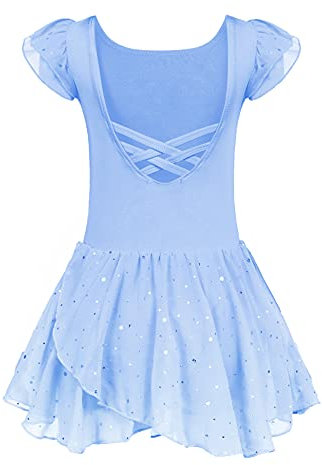 Arshiner Ballettkleidung Mädchen Ballettkleider Blau Kinder Ballett Trikot Ballettanzug Tanzkleid Tanzbody aus Baumwolle mit Chiffon Rock Tütü 5-6 Jahre
