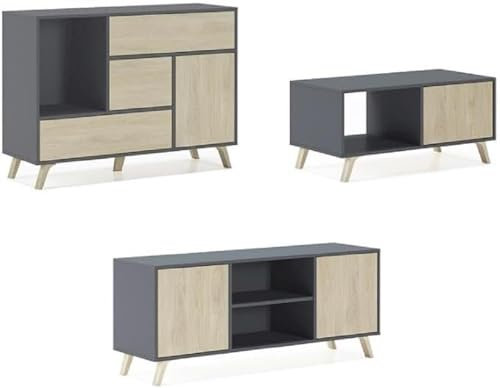 Skraut Home | Ensemble Buffet + Meuble TV + Table Basse pour Salon | Modèle Wind | Ensemble Salle à Manger | Structure Résistante | Montage Facile | Finition Gris/Puccini