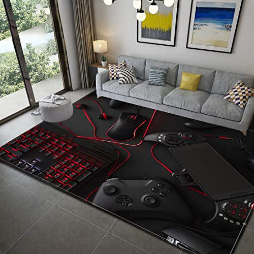 Teenager Jungs Teppiche Gamer Gamepad Wohnzimmer Schlafzimmer Dekor Teppiche Controller Player Kinder Spielteppich Küche Korridor Badezimmer Fußmatte Rutschfeste Matte (Schwarz,140x200 cm)
