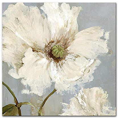 Ölbilder Auf Leinwand Handgemalt,Moderne Abstrakte Weiße Blumen 100% Handgezeichnete Acrylmalerei Kunstwerk, Große Nordische Landschaftsgemälde Rahmenlose Kühle Bilder Kunst Wand Für Zu Hause K