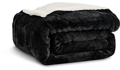 Kono Coperta in pile sherpa, 150 x 200 cm, morbida, morbida, reversibile, in microfibra, tinta unita, per letto, divano, divano (nero, doppio/matrimoniale)