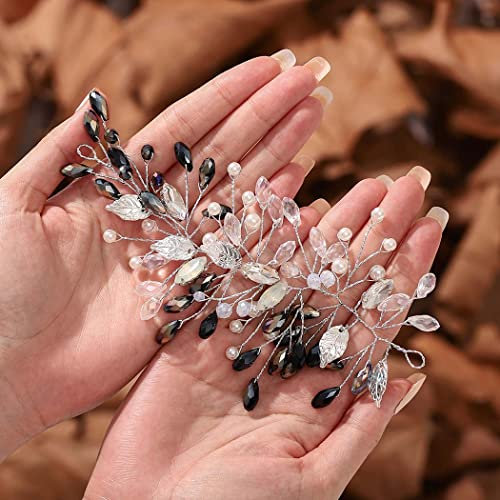 Unicra Haarschmuck für die Braut, Hochzeit, Weinrebe, schwarzer Strass, Brautschmuck, Blatt-Kopfschmuck, Kristall, Hochzeits-Haarschmuck für Damen und Mädchen