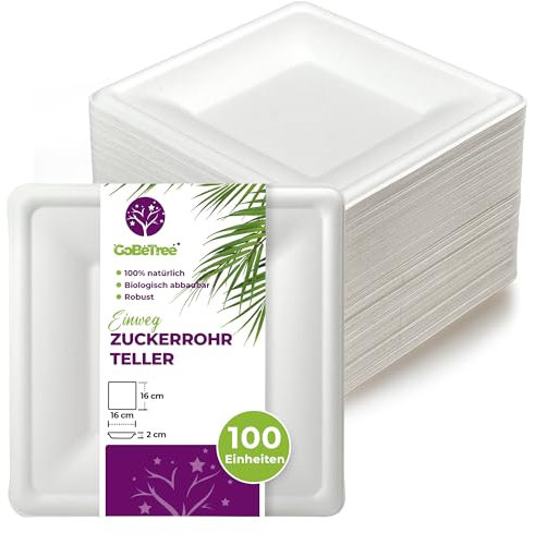 GoBeTree 100 piatti quadrate in canna da zucchero 16 cm bianchi. piatti di carta monouso extra resistenti, per campeggio, picnic, feste, barbecue, compleanni