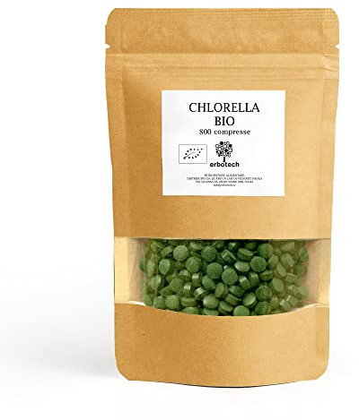 ERBOTECH, 800 comprimés de Chlorella BIO, capsules d'algues pures Chlorella dans un emballage de 200g, riches en fer, oméga 3 et vitamine B12, sans gluten, convient aux végétariens et végétaliens