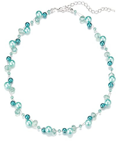 Bulinlin Damen Kristall Perlenkette Silber Boho Statement Choker Halskette für Frauen Modeschmuck Geburtstagsgeschenke(Hole Blue)