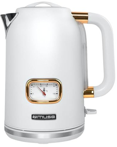 MUSE Edelstahl Retro Wasserkocher mit analoger Temperaturanzeige, mit Filter, transparenter Skala, 1,7L Fassungsvermögen, Automatische Abschaltung, matt weiß-gold (MS-030 W)