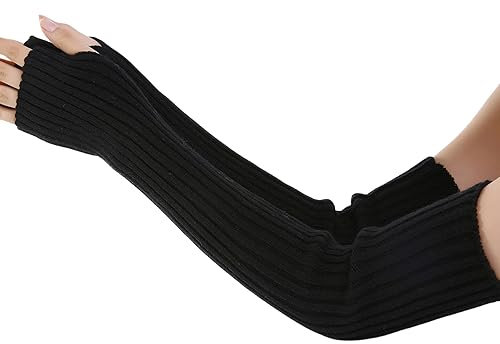 Suxgumoe Women Arm Warmers, Knitted Long Sleeve Fingerless Gloves Mittens Winter Wrist Warmers with Thumb Hole for Ladies Girls (B Black)