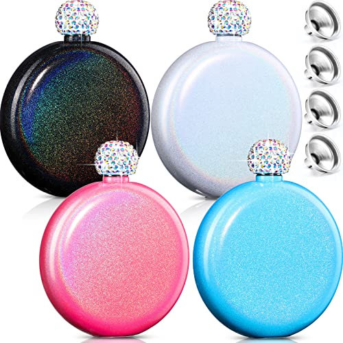 4 Pcs Cute Liquor Flask for Women 5 oz 304 Stainless Steel Portable Glitter Flask for Whiskey Liquor Wine with Shining Rhinestone Cap and 4 Funnels for Drink Bar(Fresh Color)