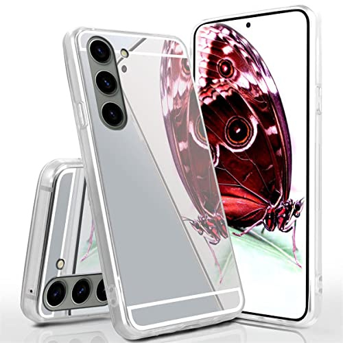 moex Mirror Case für Samsung Galaxy S23 Hülle mit Spiegel und erweitertem Kantenschutz aus Silikon, Handyhülle verspiegelte Rückseite, Stylische Handy Schutzhülle dünn, Silber