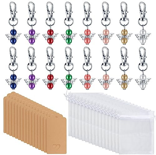 16 Pcs Kit de Colgantes de Ángel Protector, Regalos para Invitados, llavero de ángel con bolsa de organza/etiquetas de papel Kraft para regalos a invitados Confirmación Boda Bautismo Cumpleaños