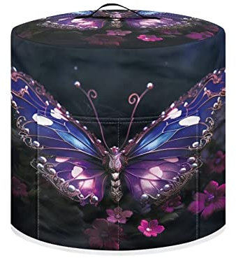 ZIATUBLES Purple Butterfly Floral Print Pressure Cooker Cover Appliance Dust Cover with Top Handle and Pocket for Attachments Decorative Cover for Kitchen Appliances, 8 Quart