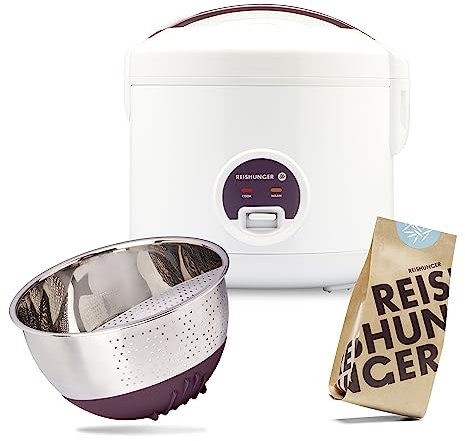 REISHUNGER Reiskocher & Dampfgarer mit Antihaftbeschichtung Starterset (10-teilig) inkl. Dämpfeinsatz, Löffel, Messbecher, 8-teiligem Reisset & Edelstahl Reiswaschschüssel