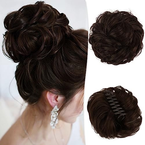 RUWISS Krallen Clip Messy Bun Haarteil Echthaar Wellig Lockig Chigno Haardutt Haarverlängerung Hochsteckfrisur Clip in Claw Haar Scrunchies für Damen(Dunkelbraun mit 15% Dunklem Kakaoblond)
