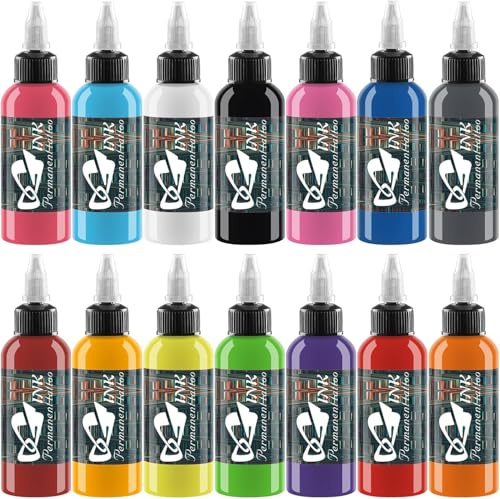 Professional 14 Bottle Tattoo Ink 1/2 oz (30ml) Tattoo Ink Supply Pure Pigment Eternal Micro Sculpture Makeup Cosmetic Body Painting Embroidery Art Supplies Tattoo INK14