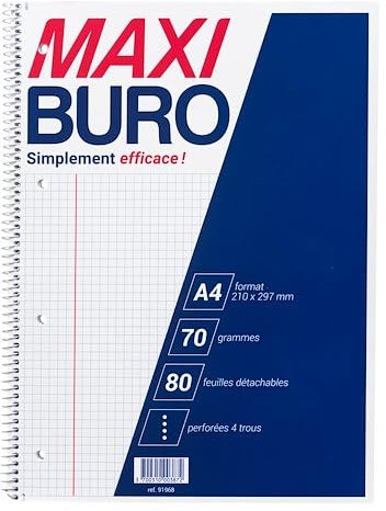 Cahier à spirales A4 21 x 29,7 cm petits carreaux 80 feuilles - Maxiburo