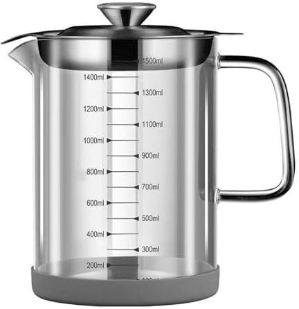 Glas Speck Fettbehälter mit Sieb, Speiseöl Vorratsdose mit Netzfilter, Frittieröl Vorratsdose mit Deckel, Ölflasche mit Filter für Kochen und Küche (1500 ml)