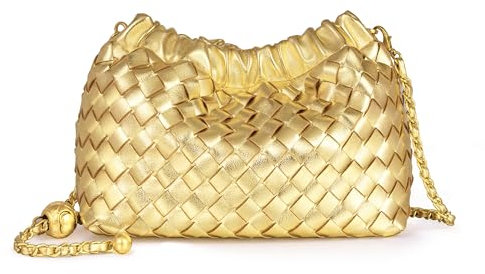 Joryin Kleine Umhängetasche für Damen, trendy, Knödeltasche, Clutch, Geldbörse für Damen, Abendtasche, Wolkengeldbörse, veganes Leder, Hobo-Tasche, Gewebtes Leder, goldfarben