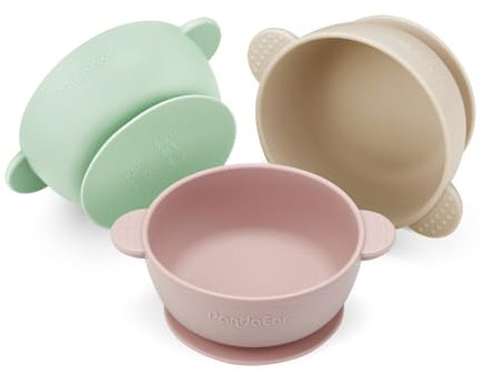 PandaEar 3 Pack Baby Weaning Bowls| Baby Bowls with Suction| Stay Put Silicone Bowl for Babies Weaning| KidsToddlers Infants Food Feeding Bowls| Grade Soft Safe BPA-Free (Pink Green Light Tan)
