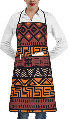 MQGMZ Schürze mit Kuhfell-Druck, wasserdicht, verstellbar, für Küche, Backen, Pflege, Kochen, Malen, Afrikanisches Schlammtuch, Tribal, Einheitsgröße