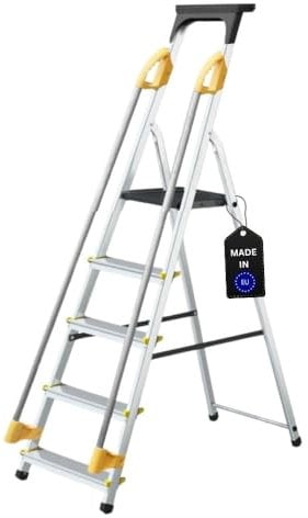 PROREGAL Stufenstehleiter Atlas mit Werkzeugablage & Handlauf | einseitig begehbar | 5 Stufen | Arbeitshöhe 2,97m | Traglast 150kg | Alu Leiter Vielzweckleiter Klappleiter Arbeitsleiter