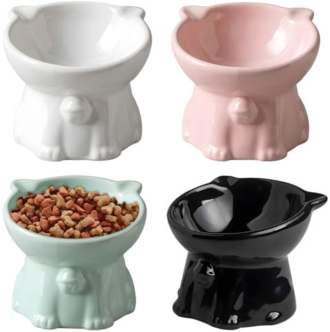 Gamelles surélevées en céramique pour chat, 4 gamelles surélevées extra larges, peu profondes, adaptées aux moustaches, anti-vomissements, passent au micro-ondes et au lave-vaisselle, 141,7 g,