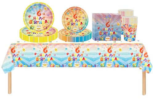 69pcs Kids Party Tableware Set - 6th Birthday Decorations, Tablecloth, Paper Plates, Napkins, Serviettes, Cups for Girls & Boys