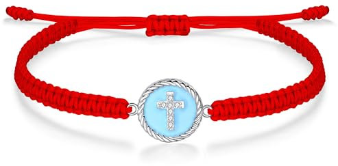 J.Endéar Kreuz Armband Silber 925 für Damen Mädchen, Schnur Filigran Geflochtenes Armband Handgemachte Marineblau Emaille Anhänger, Glaube und Liebe Schmuck Geschenk, Rot