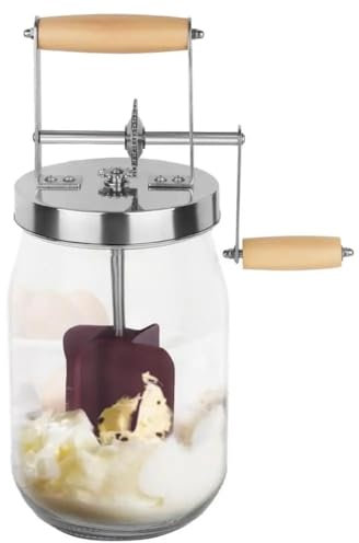 Qwertfeet Batteur à beurre avec manivelle manuelle pour faire du beurre, mélangeur de crème, outil pour secouer les aliments en silicone, bocal de maçon, accessoires de cuisine, 1 l