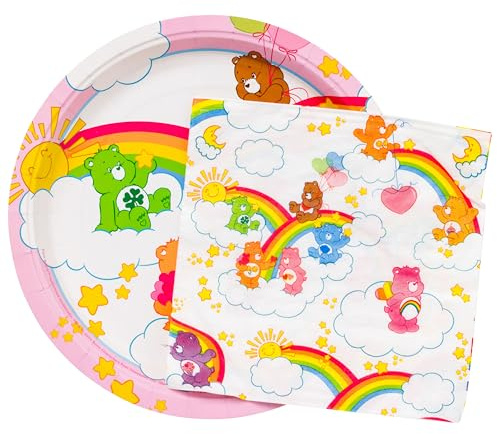 Silver Buffalo Care Bears Lot de 32 serviettes en papier et assiettes avec ours grincheux, ours porte-bonheur, ours tenderheart, ours Love-a-Lot, ours ami, ours à la joie et ours d'anniversaire