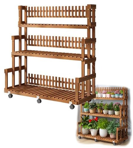 KADEUX Höhenverstellbarer Pflanzenständer Blumenetagere 3 Ebenen Ablageregal, Massivholz Pflanzenleiter Blumentopf-Ständer Für Drinnen Draußen Pflanzen(105cm/41in)