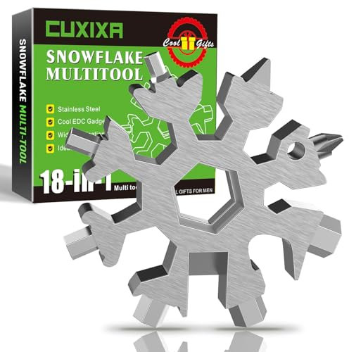 CUXIXA Outil multifonction 18 en 1 en forme de flocon de neige en acier inoxydable pour homme, gadgets cool pour l'extérieur, les voyages, le camping, le quotidien, argenté