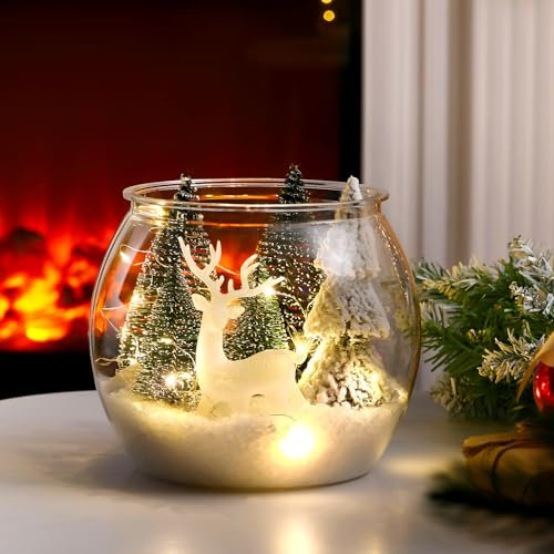 Shappy 9 Pcs Winter Wonderland Table Centerpiece Winter Snow Micro Landscape Decoration Includes 1 Plastic Fish Bowl 1 White Elk Ornament 5 Pcs Mini Christmas Tree and Fairy Lights Artificial Snow