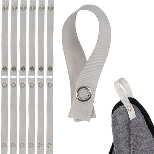 Nähfrei-Aufhänger für Textilien, 12 Pack, 150 x 12 mm Schlaufen, in Grau, mit Druckknopf Verschluss, Aufhänger Laschen für Geschirrhandtuch, Handtuch, Lappen, Tuch, Dekoartikel, Camper Zubehör