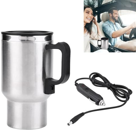 Car Heating Cup, 12V Travel Mug with Stainless Steel Insulation, 450ml Heated Cup for Coffee & Tea, Portable Electric Mug for Car, Cigarette Lighter Cable, Anti-Spill Lid