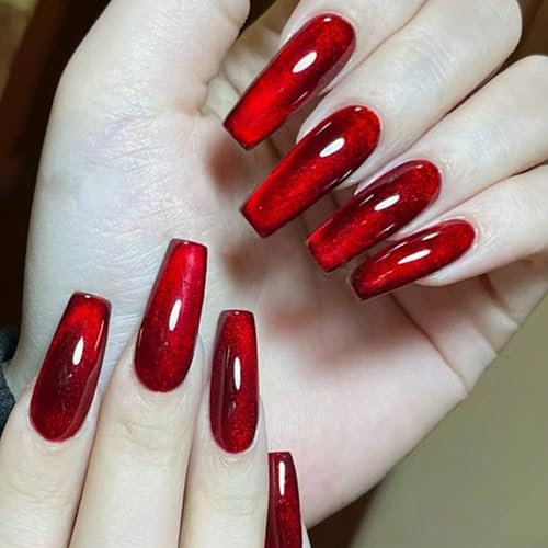 Press on Nails - Lot de 30 faux ongles courts - En forme de trapèze - Rouge - Couverture complète - Avec colle en gelée - Faux ongles à coller - En acrylique - Manucure pour femme - DIY (yeux de chat