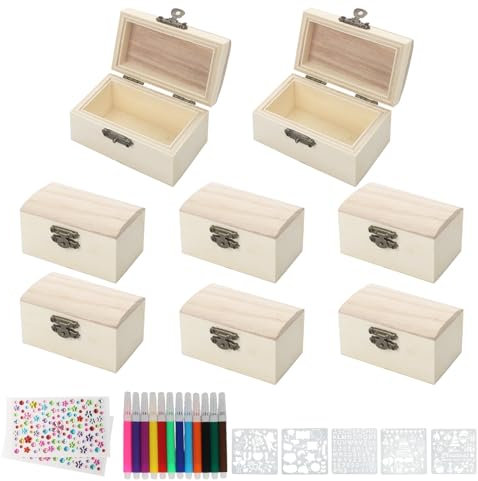 ZWQLZG 8 Stück Mini Schatztruhe, DIY Holzkiste Klein mit Deckel Kindergeburtstag, Schatzkiste 9x5x5cm Schatzkiste für Kinder Bemalen und Basteln Geburtstags und Aufbewahrung von Juwelen