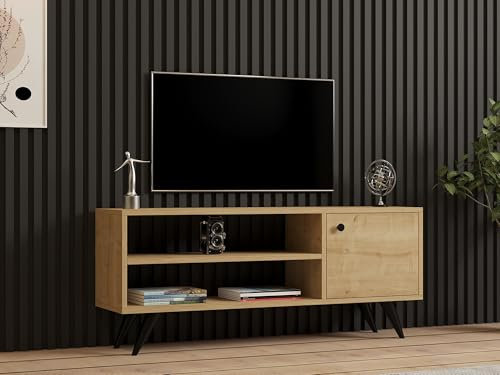 Hanah Home Modern Oak TV Unit, 120 cm | 100% Melamine Coated Particle Board, 18 mm Thick | Wall-Mountable, Extra Storage & Shelves | Stylish & Functional Design
