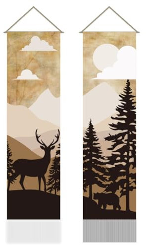 AHANDMAKER 2 Stück Wald Wandteppich Mit Hirsch Und Bär. Langer Vertikaler Wandteppich Mit Retro Waldlandschaft Und Quasten Für Schlafzimmer Kaffee Heimdekoration 45.7x13 zoll