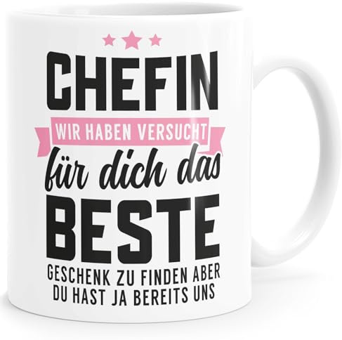 MoonWorks® Kaffee-Tasse Spruch Chefin Wir haben versucht das beste Geschenk für dich zu finden Kaffeebecher lustig Bürotasse Weiss-rosa standard