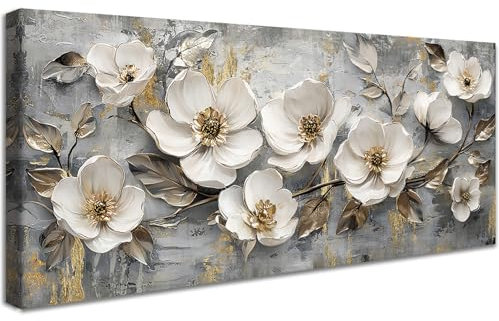 Mit Rahmen Groß Leinwand Bilder Weiße Blumen Floral Abstrakt Leinwandbilder Bild auf Leinwand Malerei Weinlese Luxus Grau Gold Bild Wandbilder Heim Wohnzimmer Schlafzimmer Wanddekoration 50x120cm