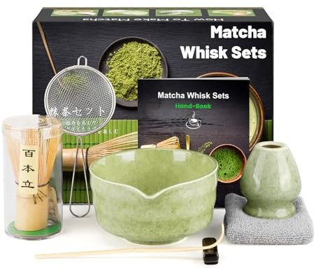 7 Pieces Japanese Matcha Set, Natural Bamboo Matcha Whisk, Matcha Bowl, Bamboo Scoop, Strainer, Tea Towel, Whisk Holder, Complete Matcha Kit, Gift Set for Beginners and Enthusiasts, Spotted Green