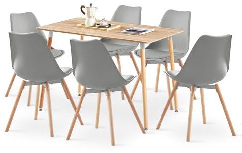 LafeuR Esszimmergruppe Esstisch mit 6 Stühle Essgruppe, 110cm Rechteckig Küchentisch und 6er Set Esszimmerstühle für Küche Esszimmer Wohnzimmer (Eiche Tisch+6 Grau Stühlen)