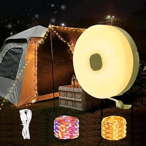KEWUZY Guirlande Camping - 10m 8 Modes 2000mah Lampe Lumineuse De Camping Escamotable Portative Imperméable Extérieure Étanche Guirlande Lumineuse À Led Rechargeable Pour Cour, Randonnée, Décoration
