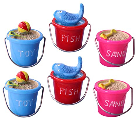 UPKOCH 6pcs Mini Beach Bucket Garden Miniatures Micro Landscape Decoration Set for Succulent Flowerpot Sand Table Model, Red Blue Rosy Colors, DIY Dollhouse Accessories for Summer Beach