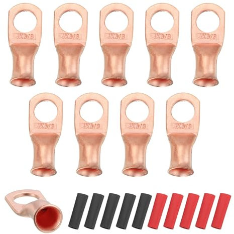 sourcing map 10pcs 4 AWG M10 Battery Lugs Ring Terminals, 3/8 10mm Stud Crimp Wire Terminal Connector End Copper, 2:1 Heat Shrink Tubing, Gold
