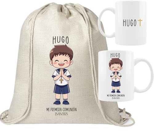 ELISA BOTELLA Pack Primera Comunión Personalizado, Mochila de Poliéster y Taza de Cerámica 350ml, Diseño de Niño con Cruz (Pack Comunión CRUZ)