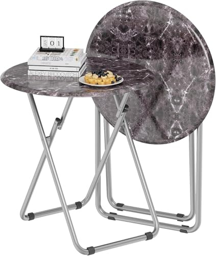 Round Folding Table 2 Set, Side Folding Coffee Table, TV Snack Tray Tables, Sofa Laptop Desk, Outdoor Camping Tables, EndTable, SofaTable, SideTable for Small Space, 45 x 45 x 65 CM (Black)