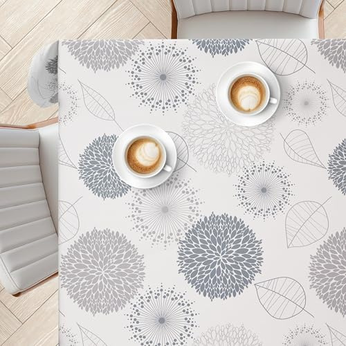 KP HOME Grau Abwischbare Tischdecke 200x140 cm - Rechteckig Wachstuchtischdecke Mit Modernem Blumen- und Blätterdesign Weicher Griff, Pflegeleicht & Wasserfest PVC Tischdecke Abwaschbar Outdoor